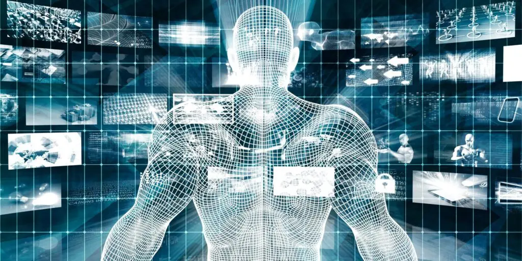 A holographic image of a person with screens all around