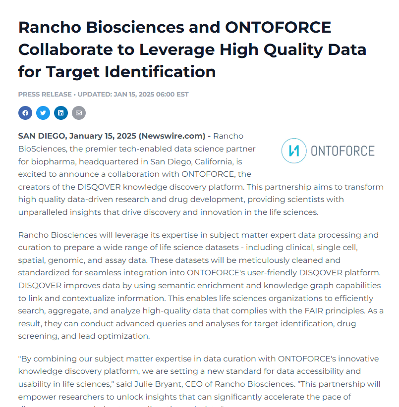 Rancho BioSciences and OntoForce Collaborate to Leverages High Quality Data for Target Identificaiton