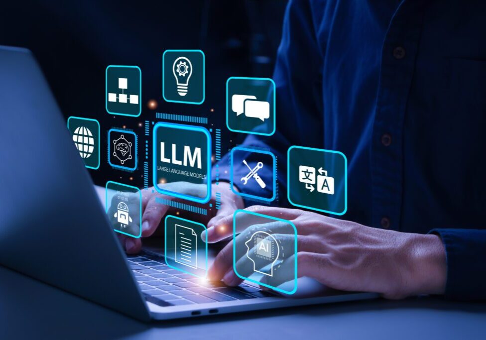 LLM, AI Large Language Model concept. Businessman working on laptop with LLM icons on virtual screen. A language model distinguished by its general-purpose language generation capability. Chat AI.